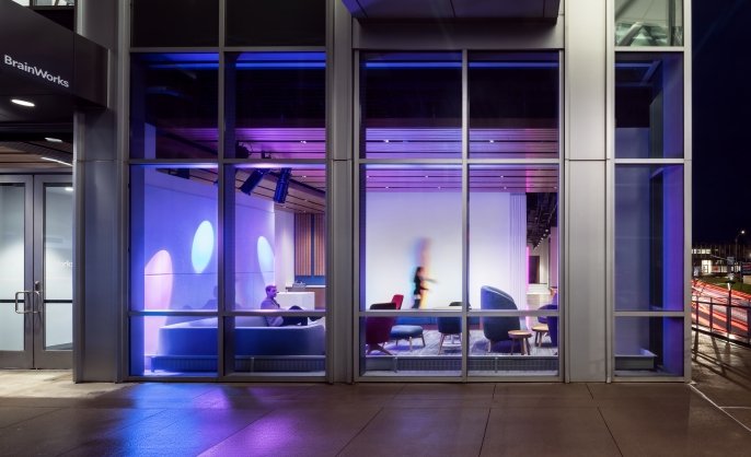Exterior entrance of BrainWorks. Photo by Anton Grassl, courtesy of SmithGroup