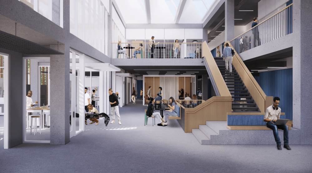 Architectural rendering of a sunny stairwell in a building