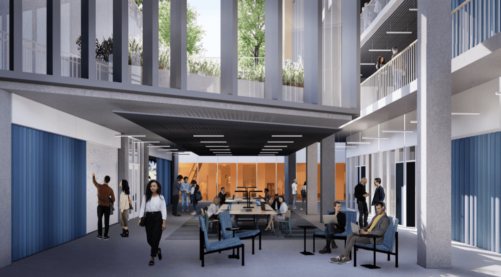 Architectural rendering of a science building's sunny interior with tables