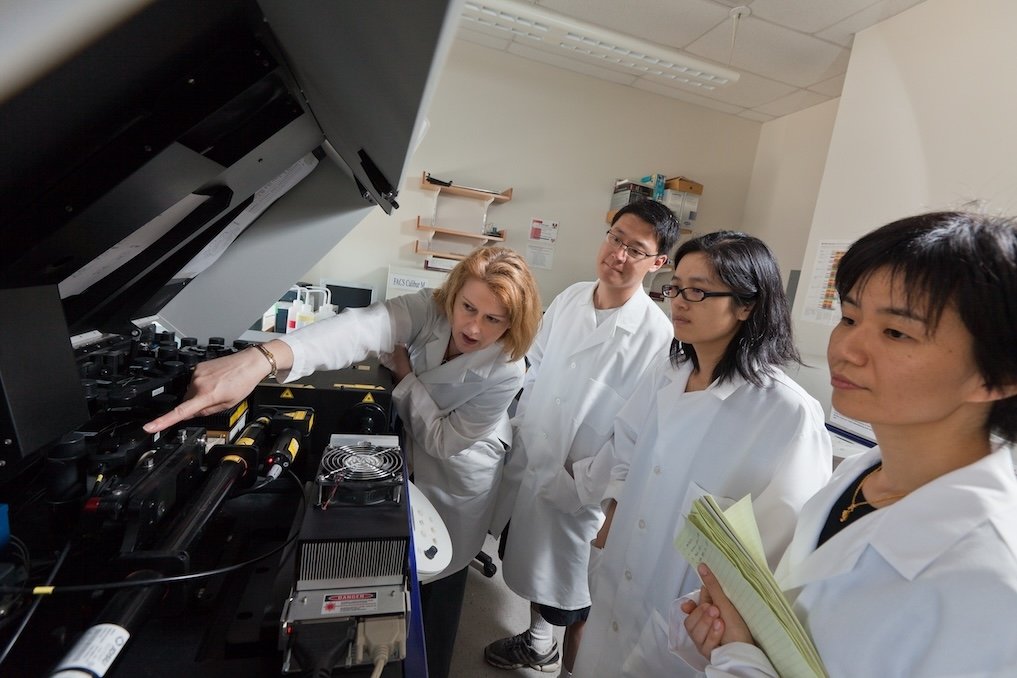 A scientist points to an instrument while three others look on