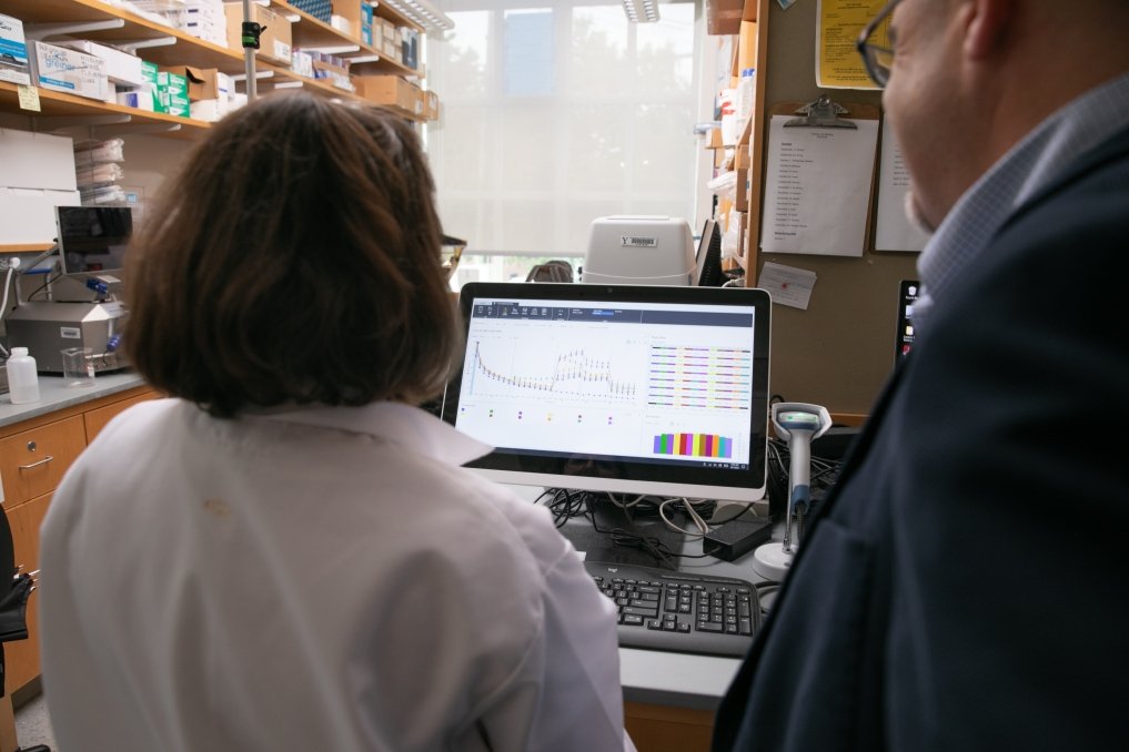 Two scientists examine a monitor