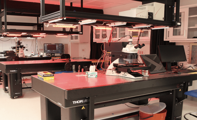 Benches with microscopes