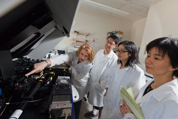 A scientist points to an instrument while three others look on