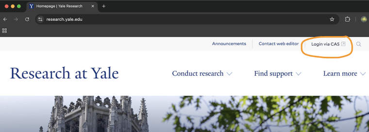 Research.yale.edu screenshot with login link at upper right circled