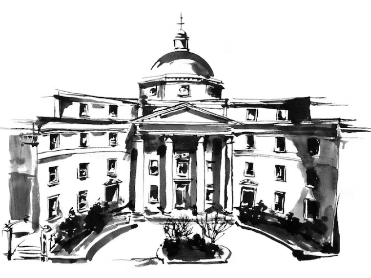 A pen-and-ink drawing of Sterling Hall of Medicine